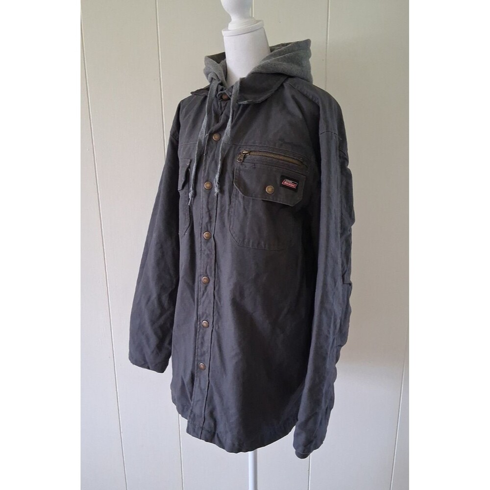 Dickies Work Coat Jacket Full Zip Mens Large Gray Hooded Outdoor Quilted Lined
